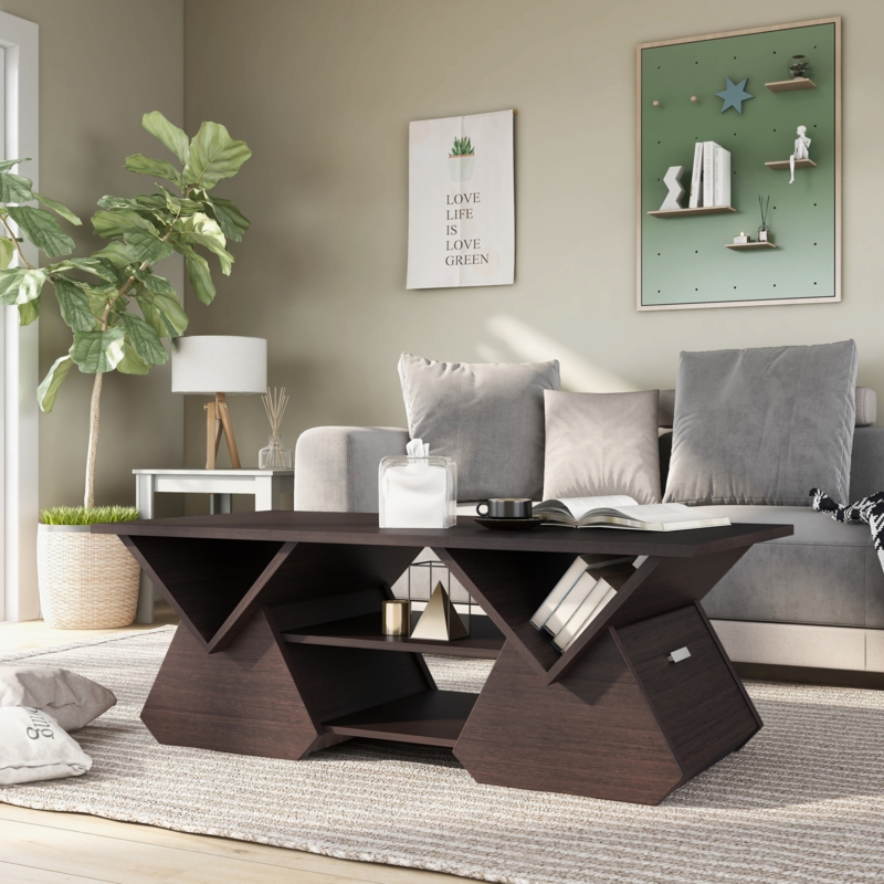 Coffee Table Geometric Tiered Shelves Espresso Wood Asymmetrical Modern