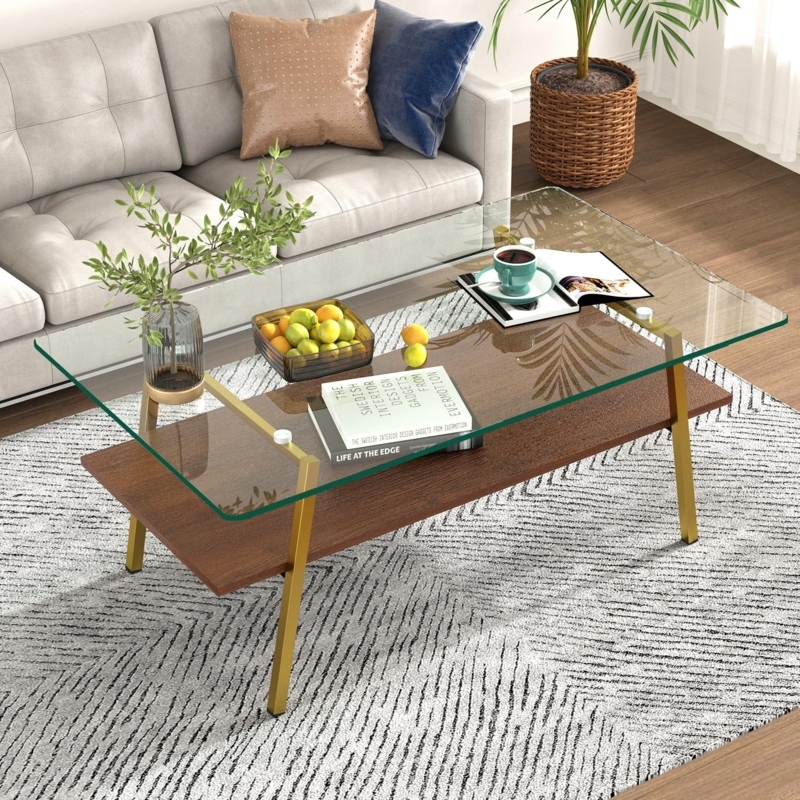 Coffee Table Gold Metal Frame Two-Tier Glass Rectangle