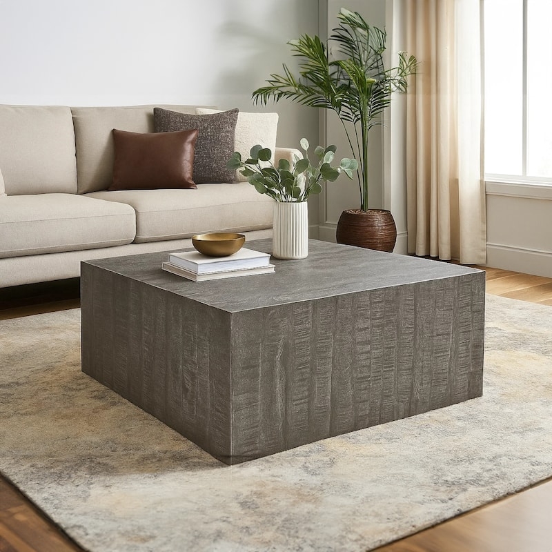 Coffee Table Gray Mango Wood Block Sandblasted Finish Mitered