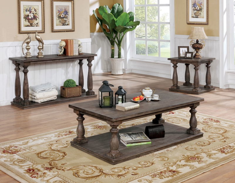 Coffee Table Gray Wash Chunky Block Legs Open Shelf Thick Top