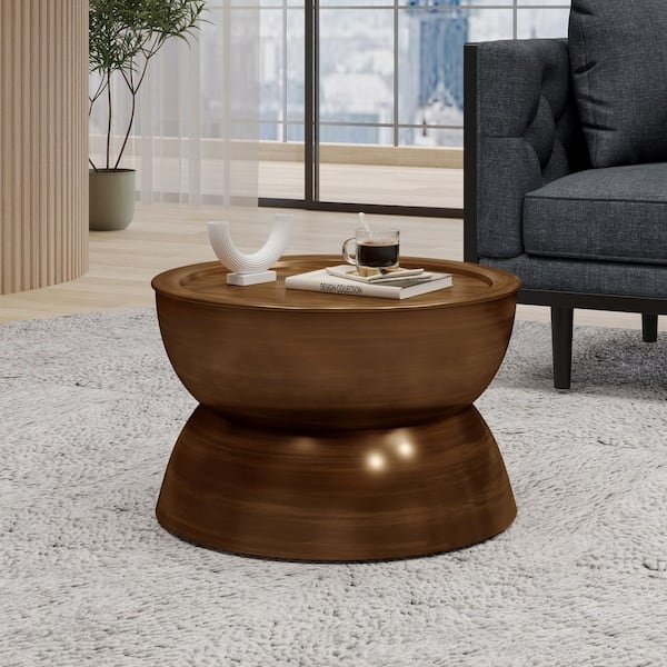 Coffee Table Hammered Metal Drum with Hourglass Silhouette