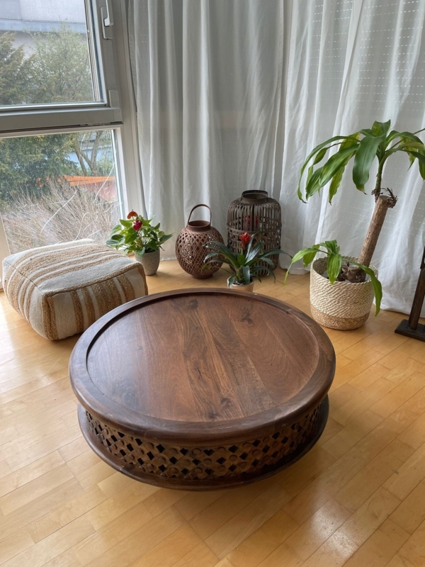 Coffee Table Hand-Carved Mandala Top Dark Wood Bohemian Style