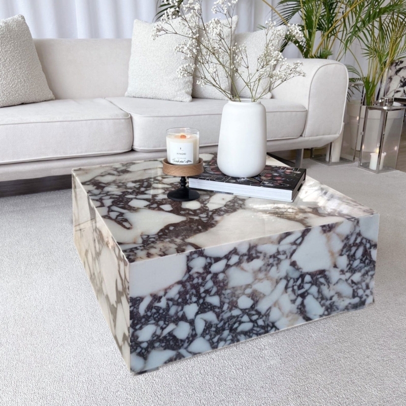 Coffee Table High Contrast Burgundy and White Marble Block
