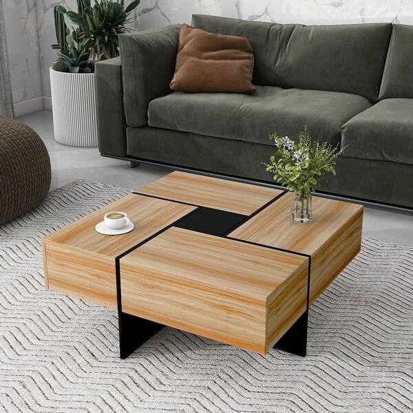 Coffee Table High-Gloss Black Square with Gold Base Trim Glam Style