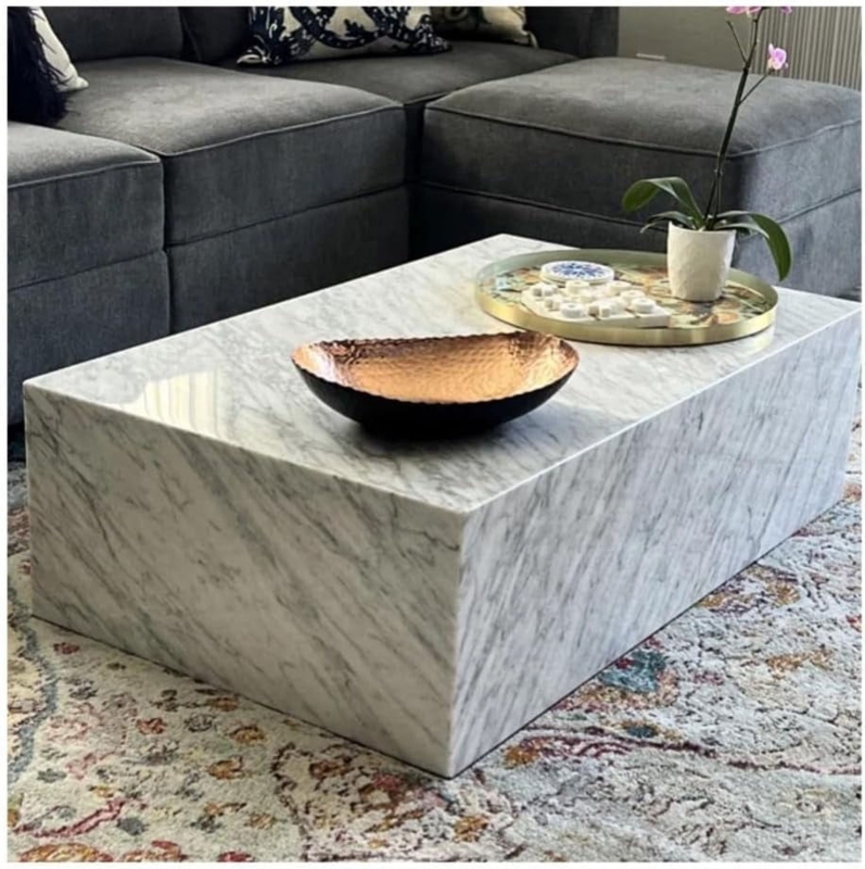 Coffee Table Honed White Carrara Marble Monolithic Block