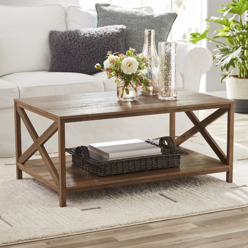 Coffee Table in Weathered Oak Finish, Chunky Legs Rustic Farmhouse Style