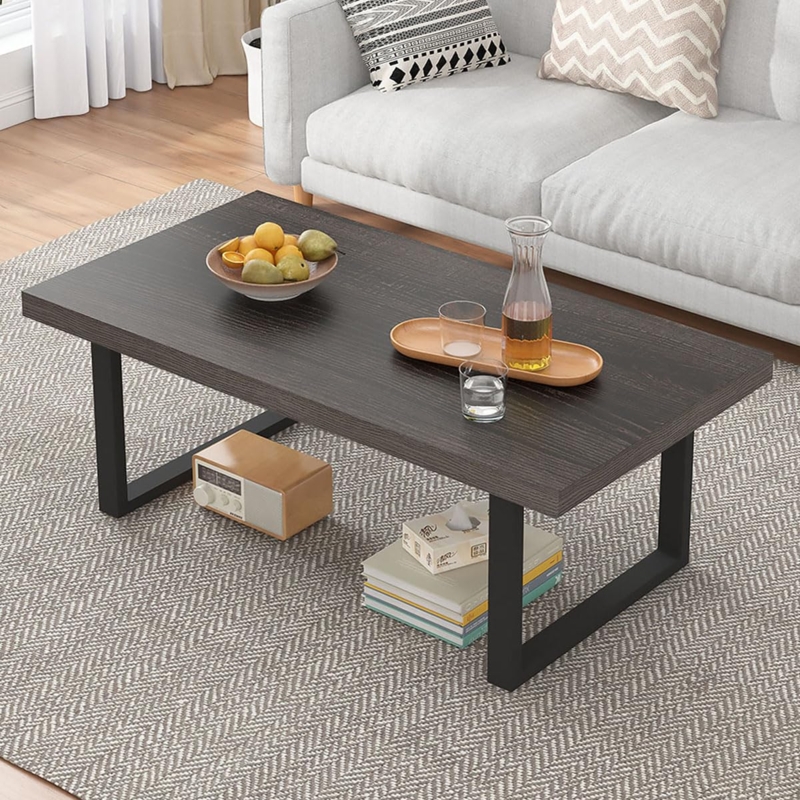 Coffee Table Industrial Metal X-Frame Base Dark Gray Oak Finish