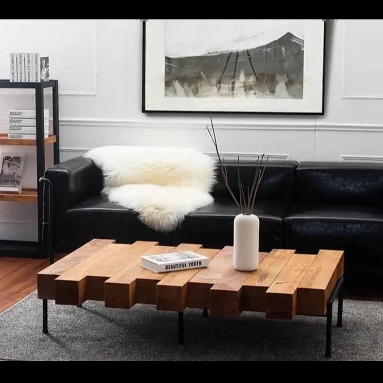 Coffee Table Industrial Rustic Wood Chunky Top Metal Sled Base