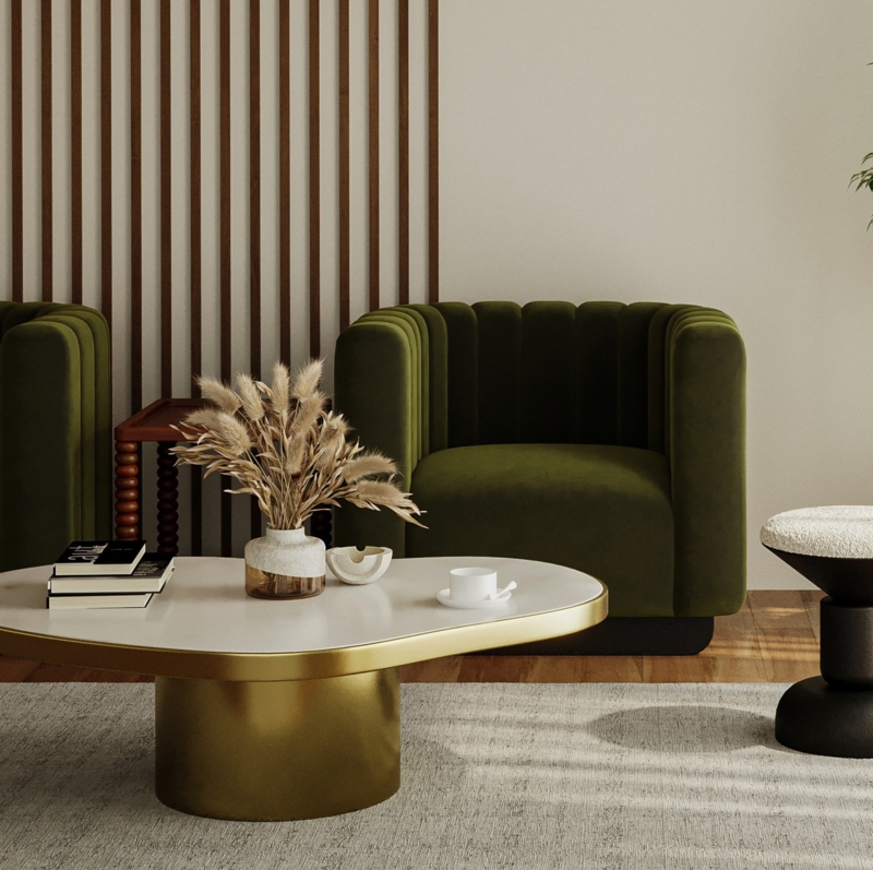 Coffee Table Kidney Shape Stone Like Top Brass Legs