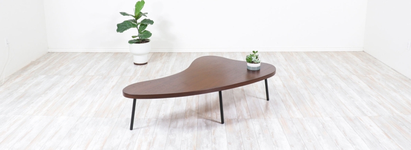 Coffee Table, Kidney Shaped Top, Tapered Legs, Scandinavian Wood Finish.
