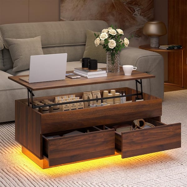 Coffee Table LED Lift Top Walnut Finish Hidden Storage
