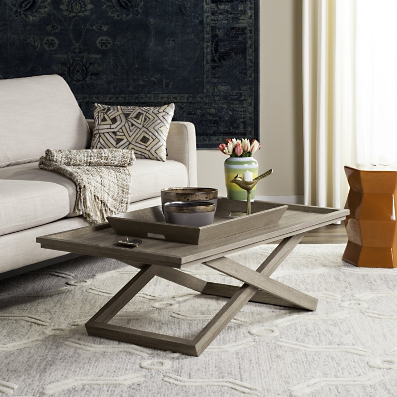 Coffee Table Light Oak Tray Top X-Frame Base Transitional Style