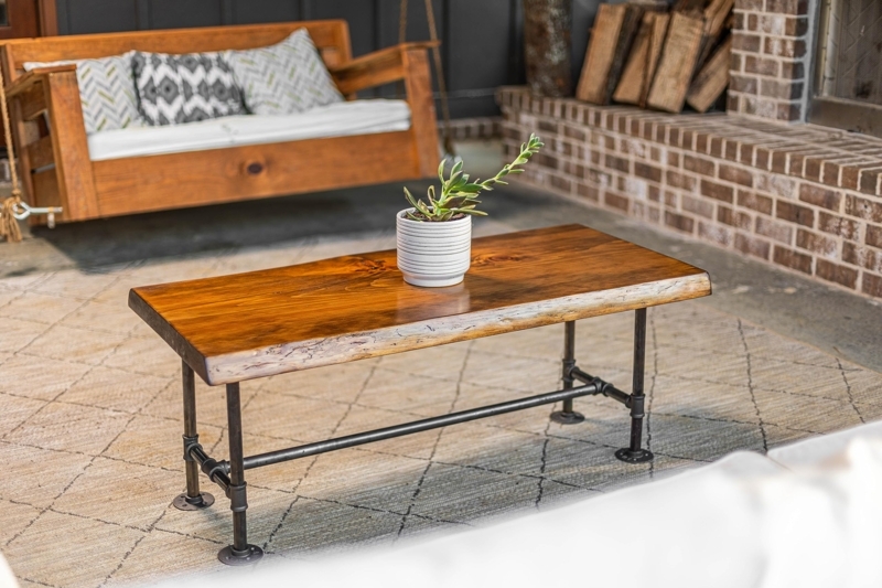 Coffee Table Live Edge Wood Industrial Pipe Legs Honey Pine Tone