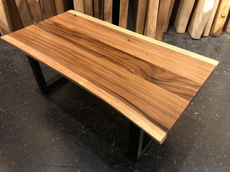 Coffee Table Live Edge Wood Plank Top U-Shaped Metal Legs