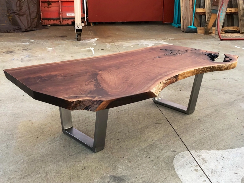 Coffee Table, Live Edge Wood Slab, Tripod Base, Organic Modern Style.