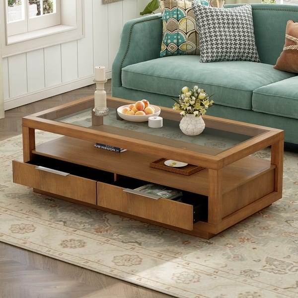 Coffee Table Minimalist Glass Top Light Wood Two Drawers
