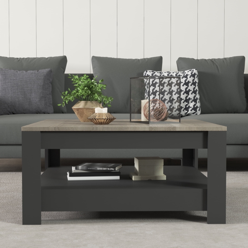 Coffee Table Mixed Material Top Square Footprint Dark Gray Light Oak