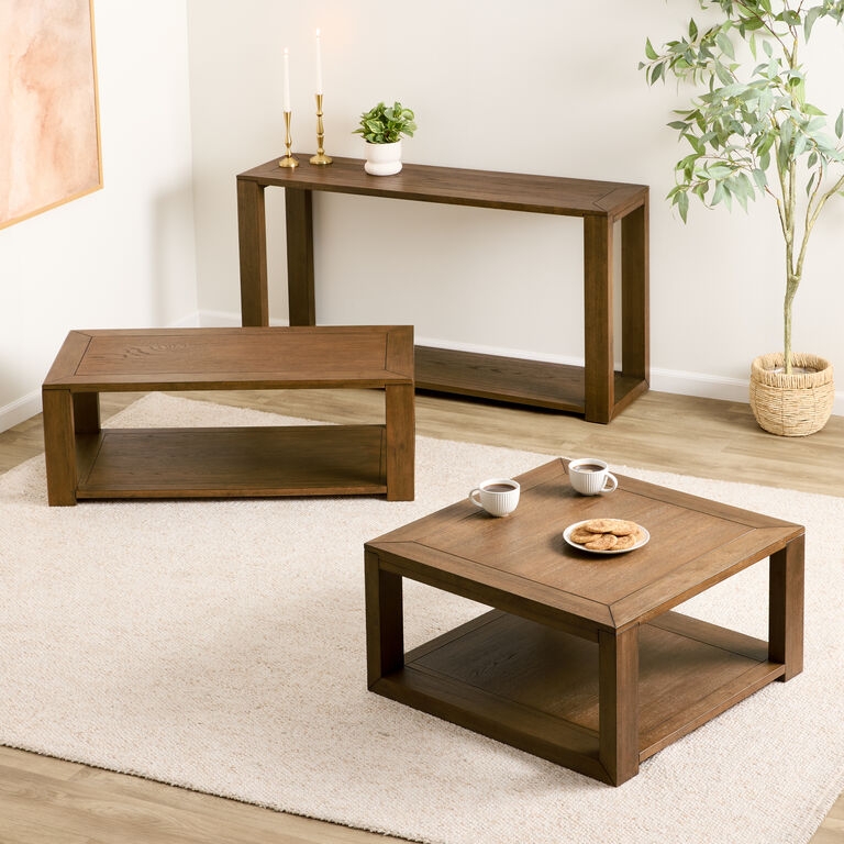 Coffee Table Modern Rustic Wood Block Legs Lower Shelf