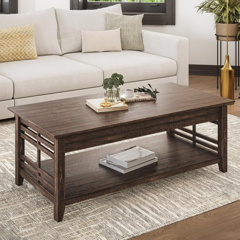 Coffee Table, Modern Two-Tier Rectangular with Storage Shelf