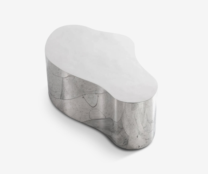 Coffee Table, Mottled Parchment Texture, Recessed Base, Cream Finish.