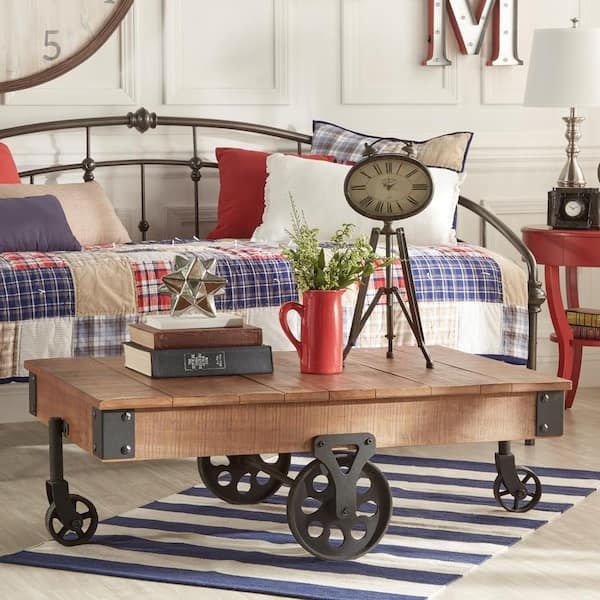 Coffee Table Oak Finish Top Industrial Metal Frame Open Base