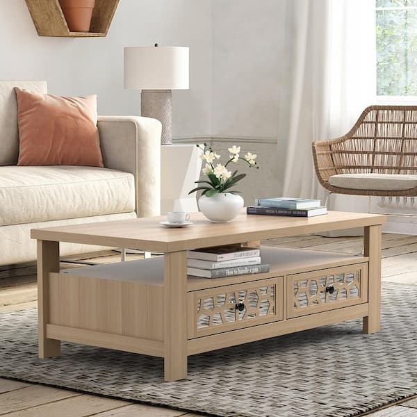 Coffee Table Oak Rectangular Dual Drawers Open Shelf