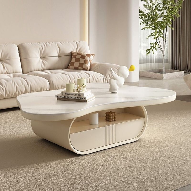 Coffee Table Organic Shape Thick Silhouette Plaster-Like Cream Finish