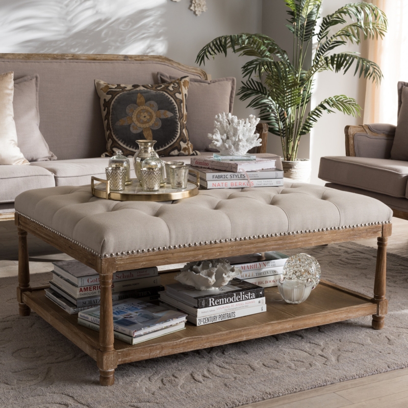 Coffee Table Ottoman Button Tufting Slatted Shelf Fluted Legs Linen