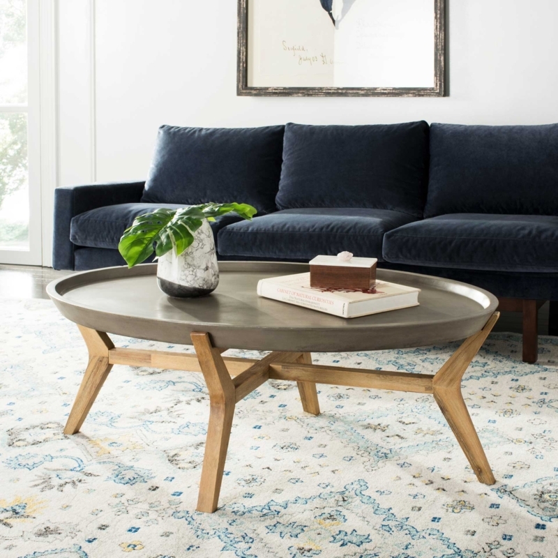 Coffee Table Oval Concrete Form Pedestal Base Dark Grey Modern Minimalist