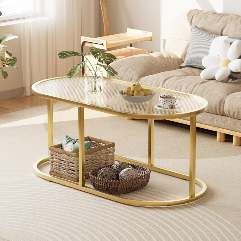 Coffee Table Oval Glass Top Gold Cross-Base Modern Glam Style