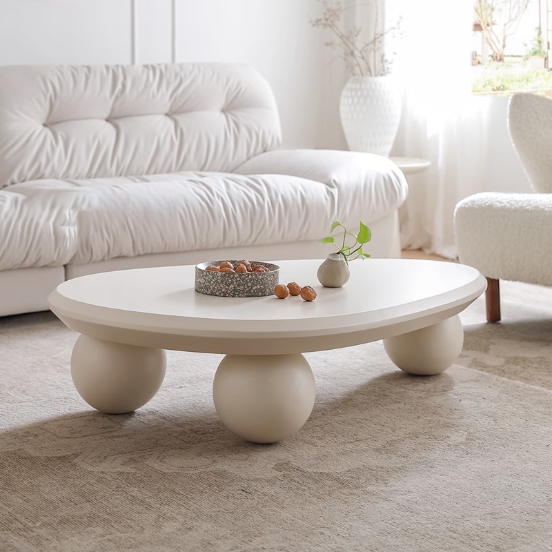 Coffee Table Oval Kidney Shape Spherical Ball Legs Cream Finish