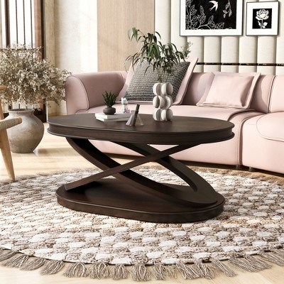 Coffee Table, Oval Silhouette with X-Shaped Base & Storage