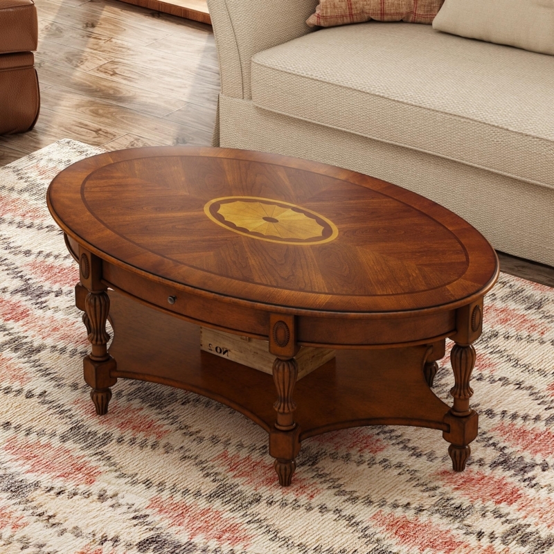 Coffee Table Oval Wood Storage Drawer Shelf Turned Legs