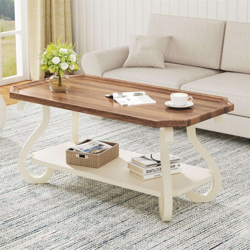 Coffee Table Oval Wood Top Carved Whitewashed Base French Country