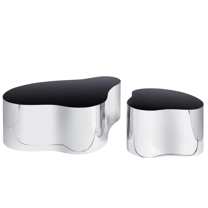 Coffee Table Pair, Black Glass Inset, Polished Metal, Postmodern Style.
