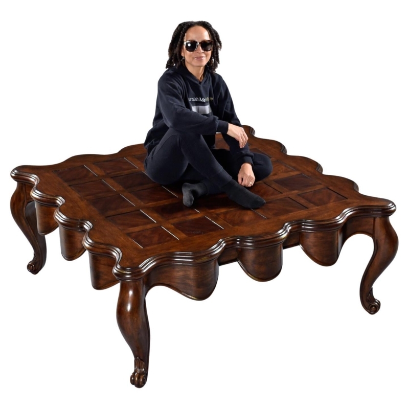 Coffee Table Parquet Top Scalloped Edge Wood Toned Cabriole Legs