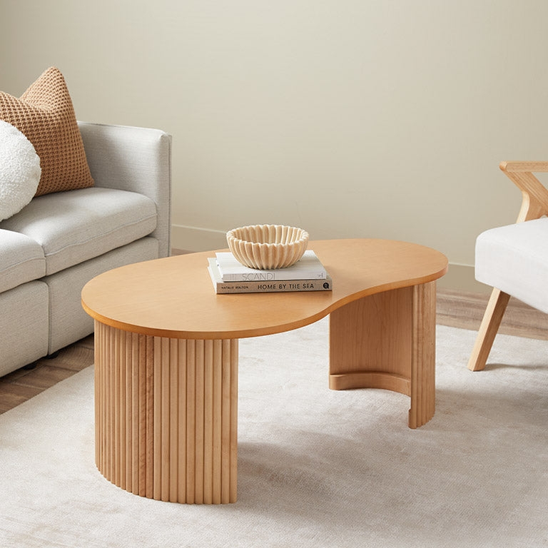 Coffee Table Pebble Shaped Top Chunky Cylindrical Legs Light Wood