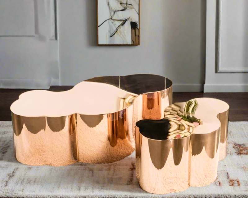 Coffee Table, Polished Rose Gold Finish, Sculptural Pedestal Base, Glam.