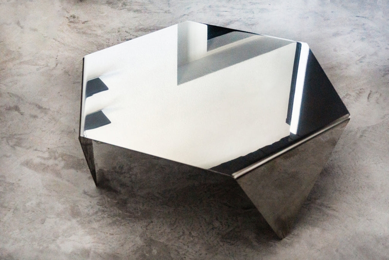 Coffee Table Polished Steel Hexagonal Bent Sheet Metal Base
