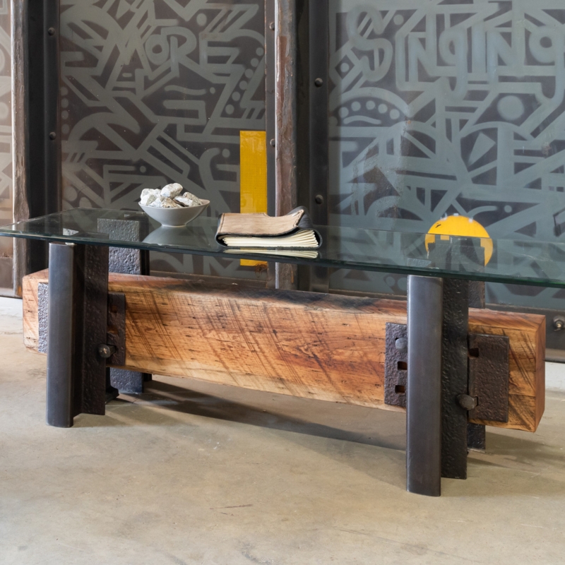 Coffee Table Railroad Track Legs Heavy Timber Slab Industrial Modern