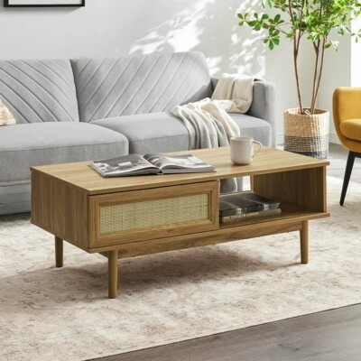 Coffee Table Rattan Sliding Doors Dual Storage Light Oak Wood Modern Boho