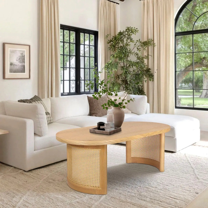 Coffee Table Rattan Style Base Oval Wood Top Pedestal Natural Oak Modern
