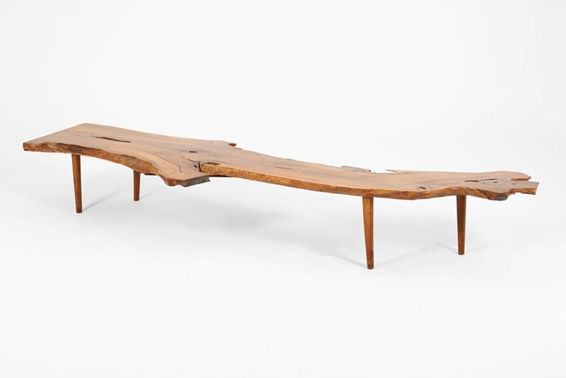 Coffee Table, Raw Edge Detail, Chunky Tripod Legs, Thick Wood Slab Top.