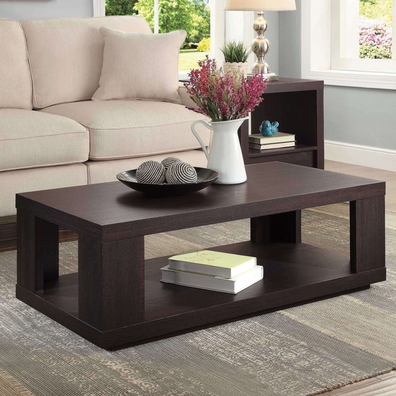 Coffee Table Rectangular Espresso Wood Open Shelf Transitional Storage