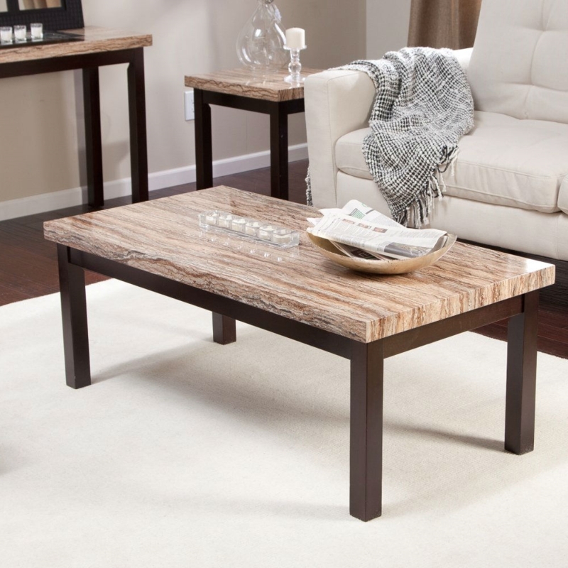 Coffee Table Rectangular Faux Marble Top Espresso Wood Frame Open Shelf