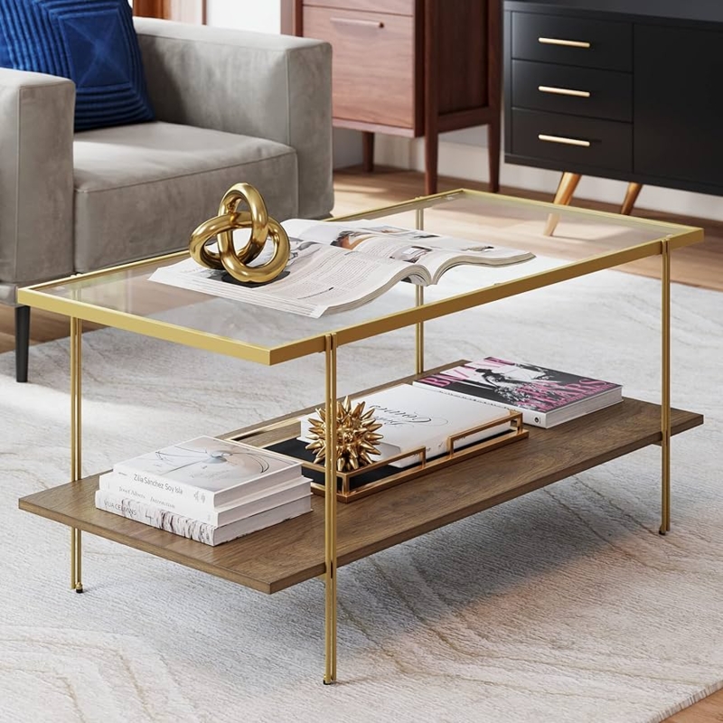 Coffee Table Rectangular Glass Top Wood Shelf Gold Legs