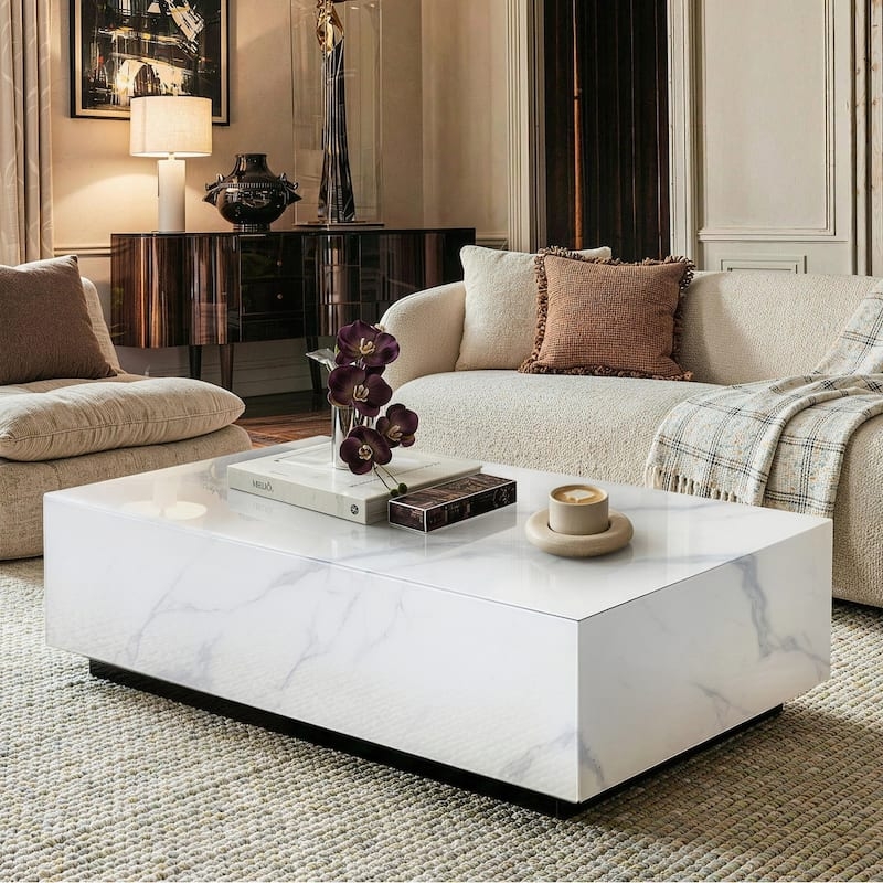 Coffee Table Rectangular Off-White Faux Marble Solid Block