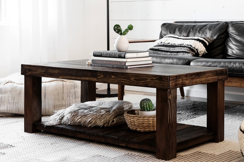 Coffee Table Rectangular Slat Shelf Espresso Wood Block Legs Transitional