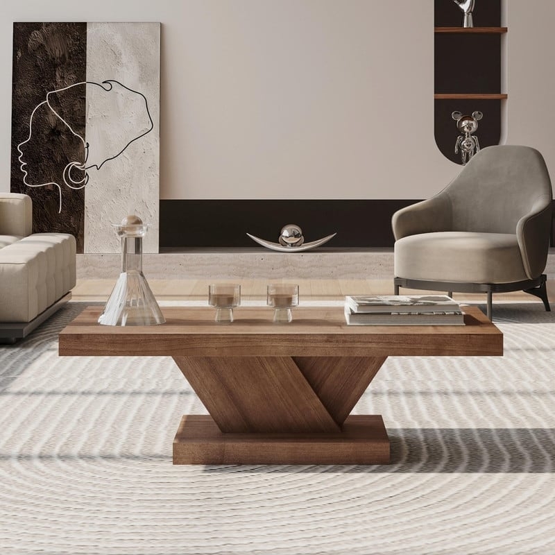 Coffee Table Rectangular Walnut Veneer X-Base Open Storage Shelf Contemporary