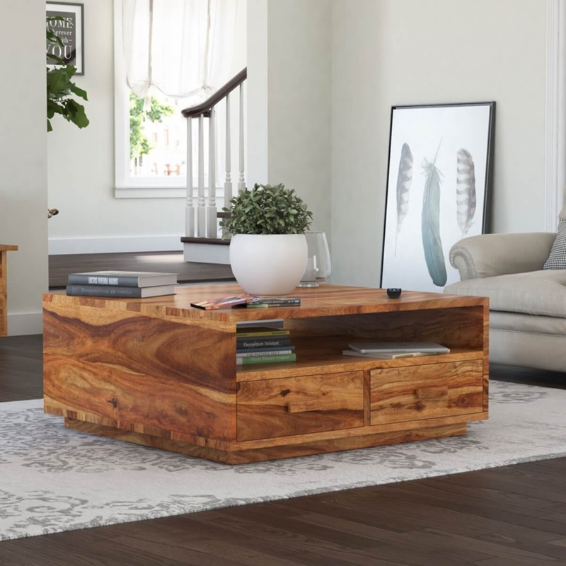 Coffee Table Ring Pulls Rustic Wood Square Four Drawers